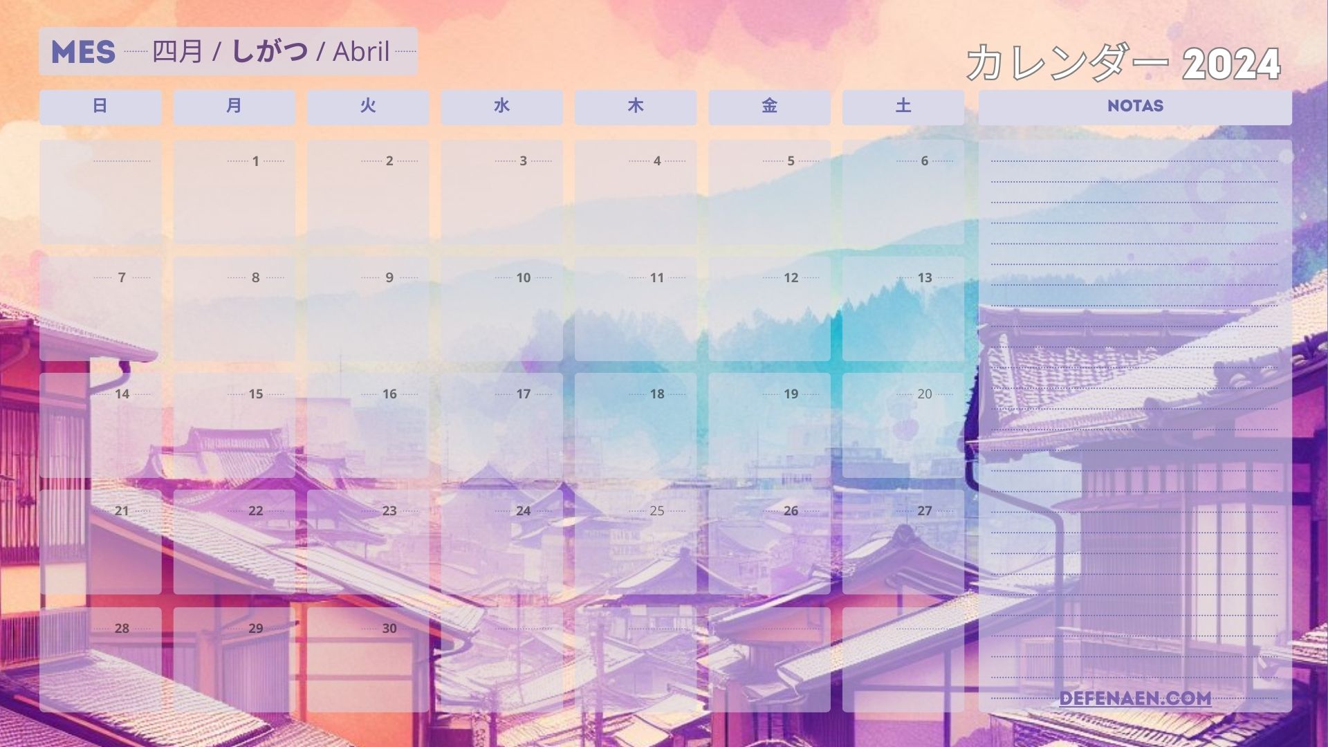 calendario estilo película japonesa Abril 2024